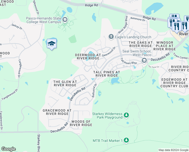 map of restaurants, bars, coffee shops, grocery stores, and more near 7543 Abbott Court in New Port Richey