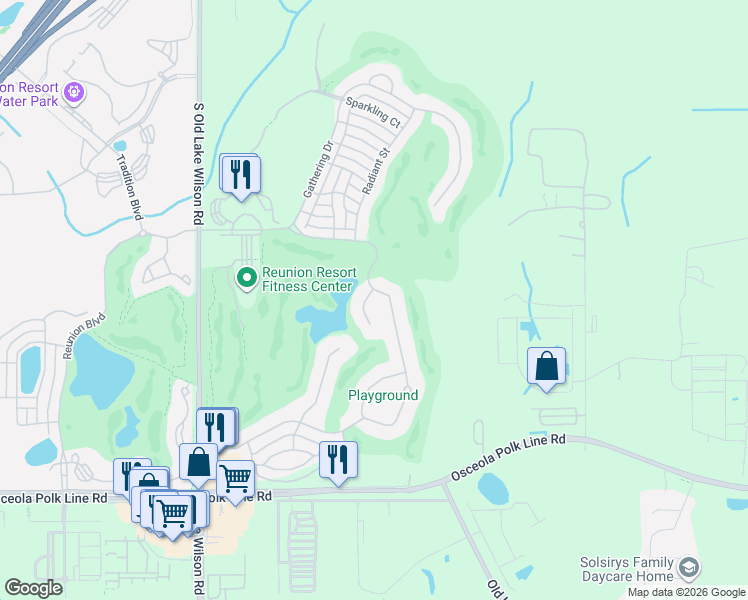 map of restaurants, bars, coffee shops, grocery stores, and more near 1400 Titian Court in Osceola County