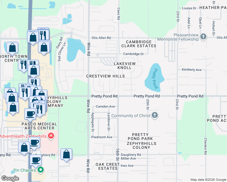 map of restaurants, bars, coffee shops, grocery stores, and more near 7947 Merchantville Circle in Zephyrhills