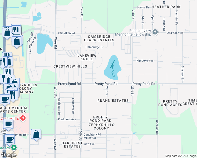 map of restaurants, bars, coffee shops, grocery stores, and more near 38852 James Court in Zephyrhills