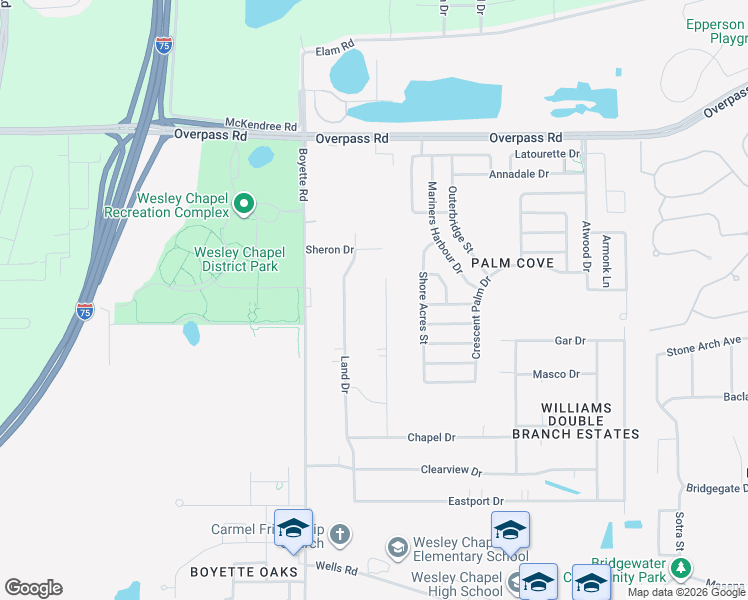 map of restaurants, bars, coffee shops, grocery stores, and more near 7551 Rooks Drive in Wesley Chapel