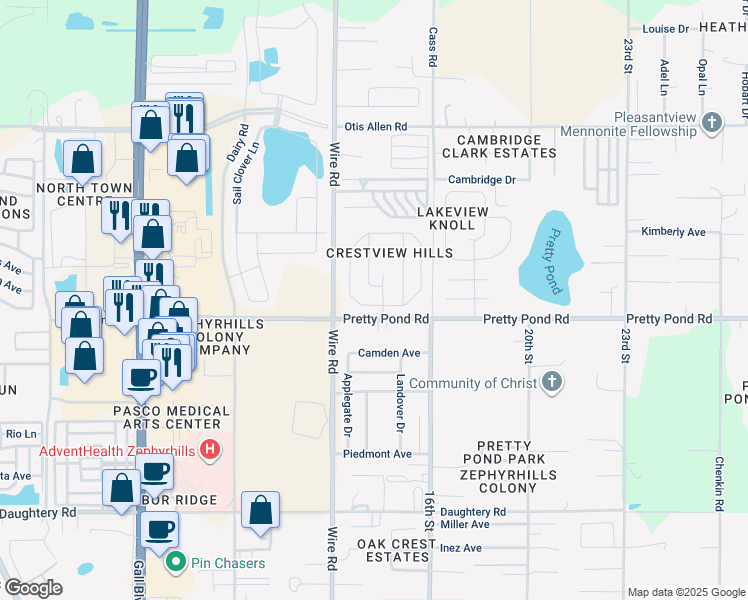 map of restaurants, bars, coffee shops, grocery stores, and more near 7506 Merchantville Circle in Zephyrhills