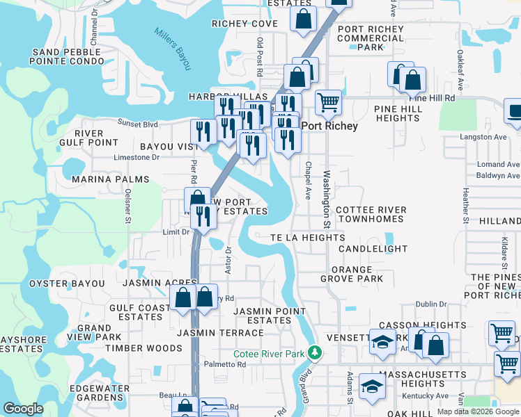 map of restaurants, bars, coffee shops, grocery stores, and more near 5460 Bellview Avenue in New Port Richey