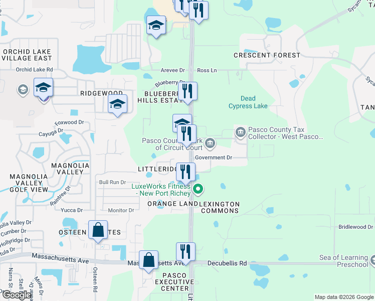 map of restaurants, bars, coffee shops, grocery stores, and more near 7611 Little Road in New Port Richey