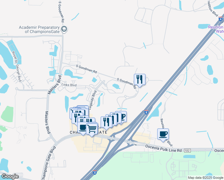 map of restaurants, bars, coffee shops, grocery stores, and more near Champions Circle in Four Corners