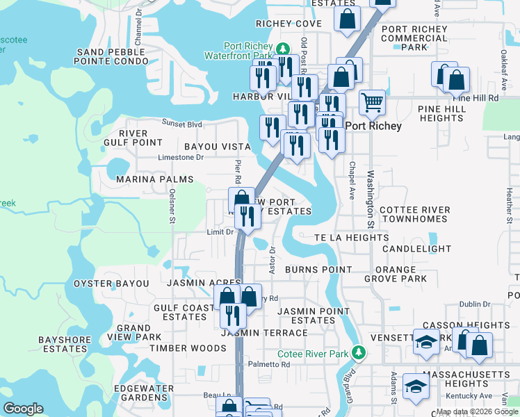 map of restaurants, bars, coffee shops, grocery stores, and more near Cedar Lane in New Port Richey
