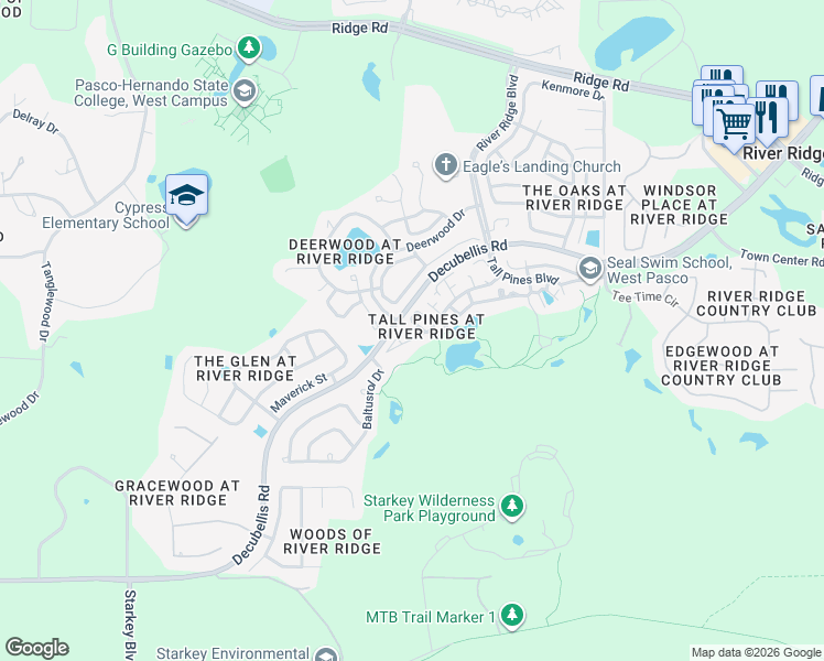 map of restaurants, bars, coffee shops, grocery stores, and more near 7534 Roland Court in New Port Richey