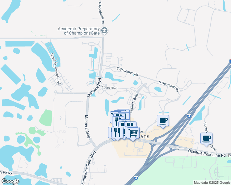 map of restaurants, bars, coffee shops, grocery stores, and more near 1375 Masters Boulevard in Davenport