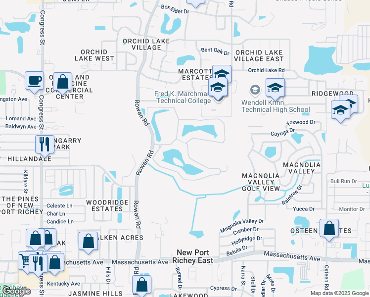 map of restaurants, bars, coffee shops, grocery stores, and more near 7235 Carlton Arms Drive in New Port Richey