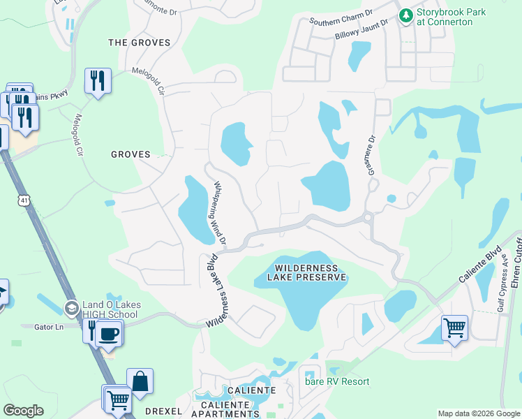 map of restaurants, bars, coffee shops, grocery stores, and more near 7537 Kickliter Lane in Land O' Lakes