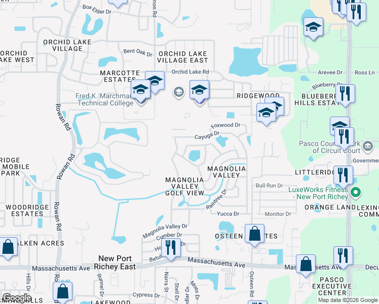 map of restaurants, bars, coffee shops, grocery stores, and more near 7700 Summertree Lane in New Port Richey