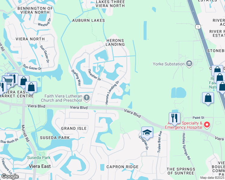 map of restaurants, bars, coffee shops, grocery stores, and more near 5671 Herons Landing Drive in Rockledge