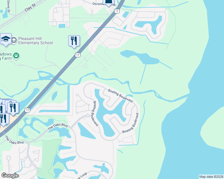 map of restaurants, bars, coffee shops, grocery stores, and more near 2894 Boating Boulevard in Kissimmee