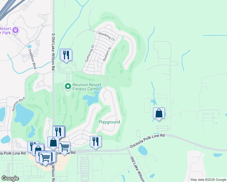 map of restaurants, bars, coffee shops, grocery stores, and more near 7638 Excitement Drive in Osceola County