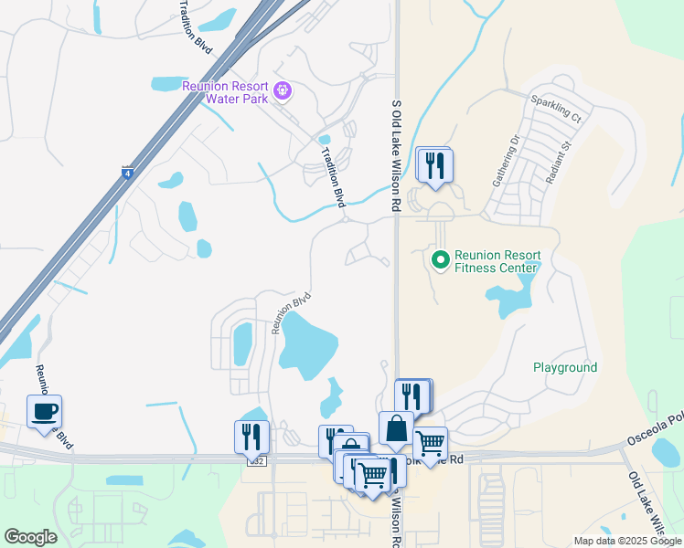 map of restaurants, bars, coffee shops, grocery stores, and more near 1360 Centre Court Ridge Drive in Kissimmee