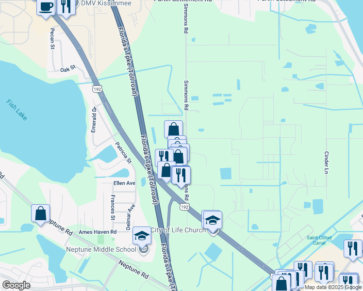 map of restaurants, bars, coffee shops, grocery stores, and more near 1424 Simmons Road in Kissimmee