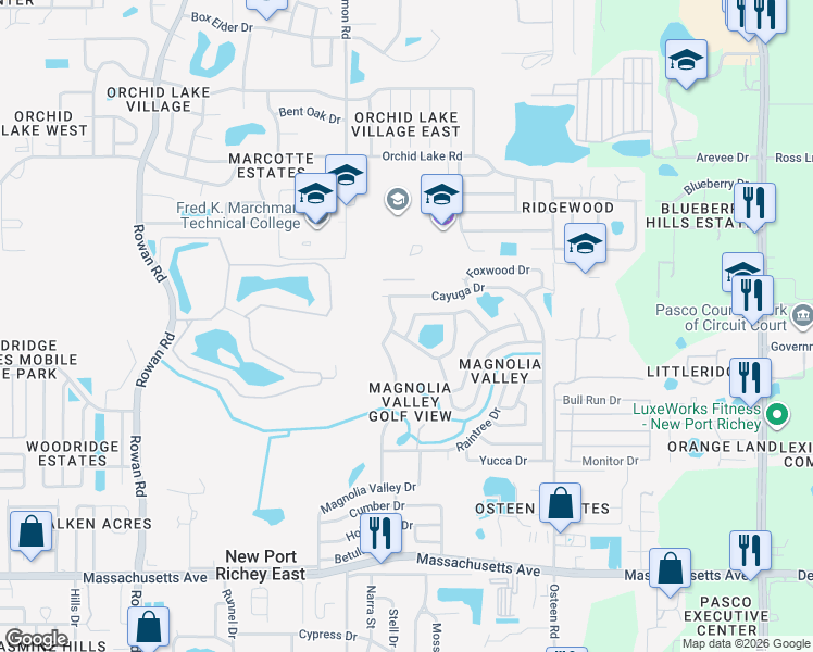 map of restaurants, bars, coffee shops, grocery stores, and more near 7601 Valley Court in New Port Richey