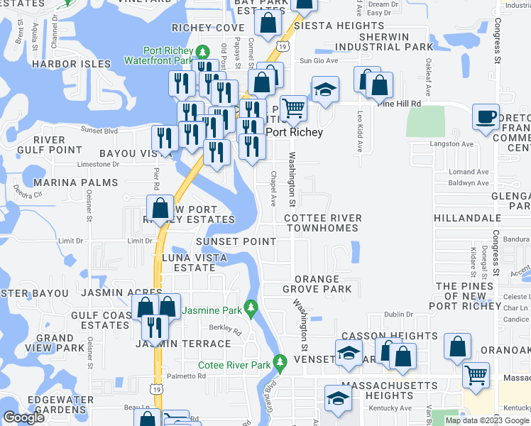 map of restaurants, bars, coffee shops, grocery stores, and more near 7606 Grand Boulevard in Port Richey