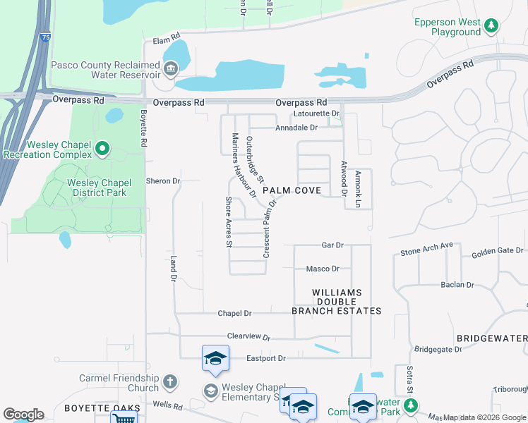 map of restaurants, bars, coffee shops, grocery stores, and more near 7603 Crescent Palm Drive in Wesley Chapel