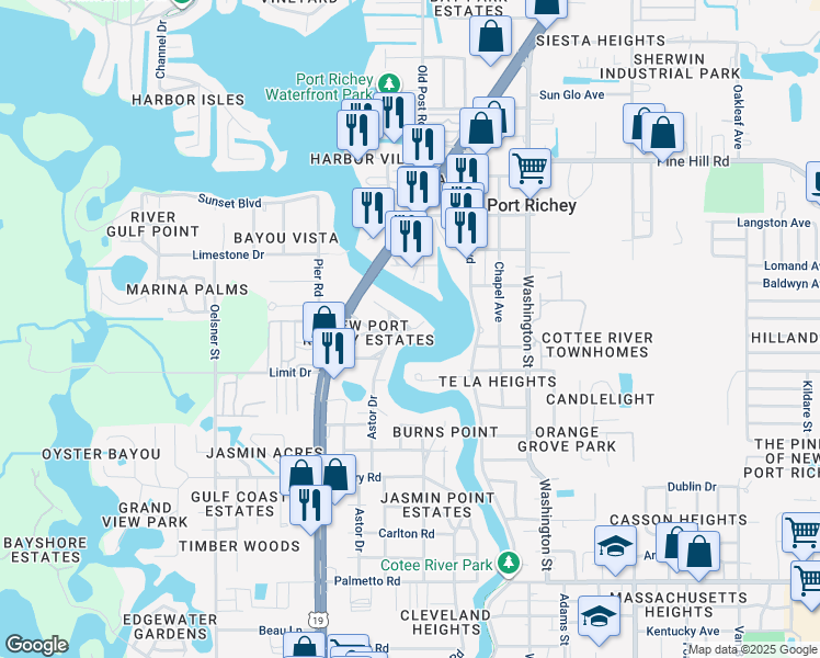map of restaurants, bars, coffee shops, grocery stores, and more near 5460 Bellview Avenue in New Port Richey