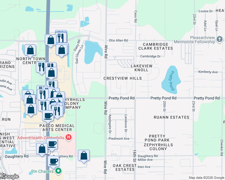 map of restaurants, bars, coffee shops, grocery stores, and more near 7540 Merchantville Circle in Zephyrhills