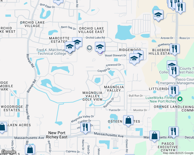 map of restaurants, bars, coffee shops, grocery stores, and more near 7700 Summertree Ln in New Port Richey