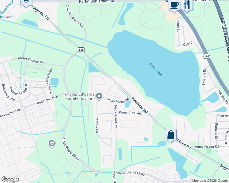 map of restaurants, bars, coffee shops, grocery stores, and more near 1412 Slim Court in Kissimmee