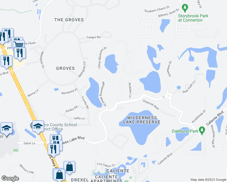 map of restaurants, bars, coffee shops, grocery stores, and more near 7541 Citrus Blossom Drive in Land O' Lakes