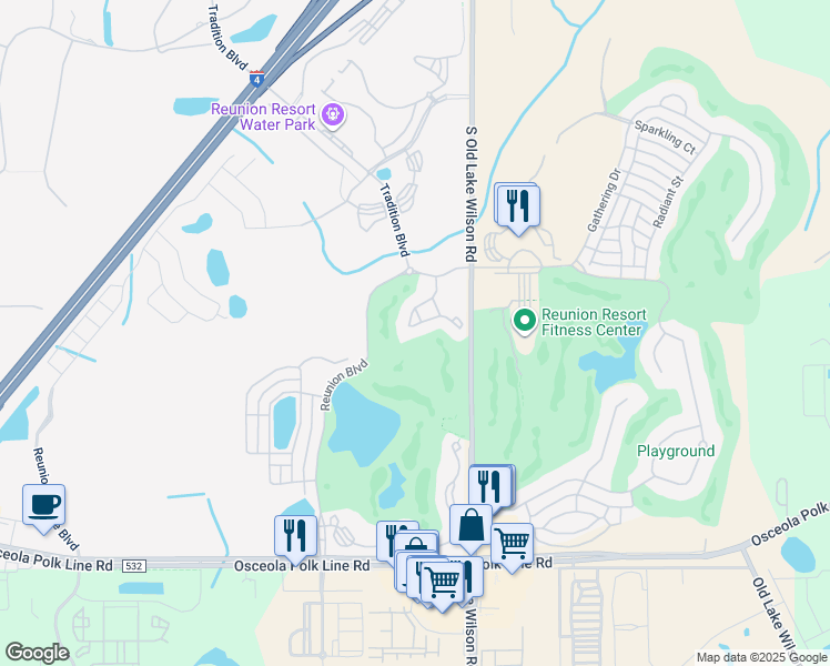 map of restaurants, bars, coffee shops, grocery stores, and more near 1362 Centre Court Ridge Drive in Kissimmee