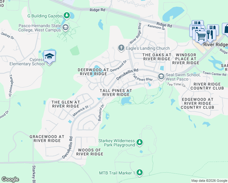 map of restaurants, bars, coffee shops, grocery stores, and more near 7534 Roland Court in New Port Richey