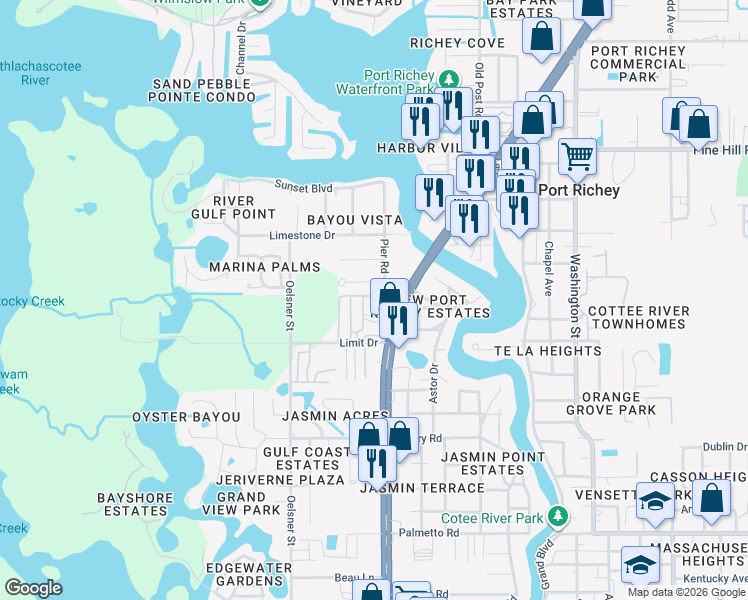 map of restaurants, bars, coffee shops, grocery stores, and more near 7601 Pier Road in Port Richey