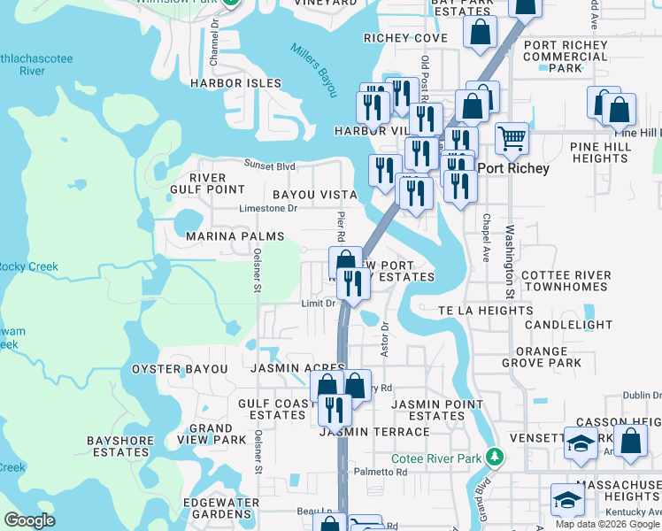 map of restaurants, bars, coffee shops, grocery stores, and more near 7601 Pier Road in Port Richey