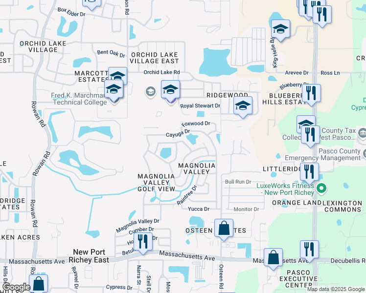 map of restaurants, bars, coffee shops, grocery stores, and more near 7808 Summertree Lane in New Port Richey