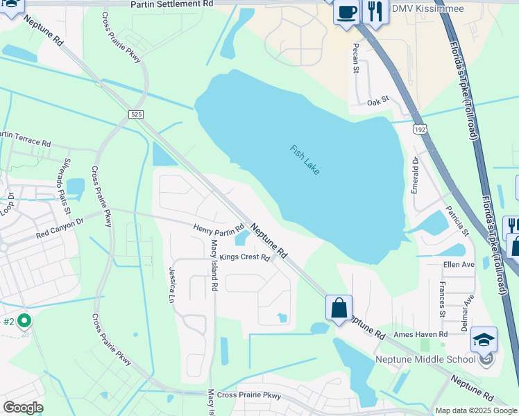 map of restaurants, bars, coffee shops, grocery stores, and more near 2345 Neptune Road in Kissimmee