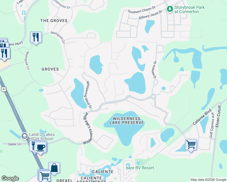 map of restaurants, bars, coffee shops, grocery stores, and more near 7537 Kickliter Lane in Land O' Lakes