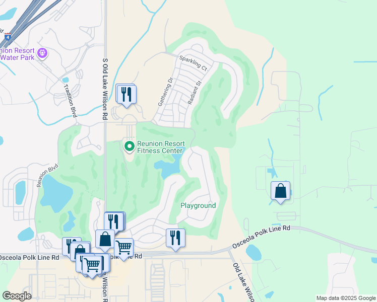 map of restaurants, bars, coffee shops, grocery stores, and more near 1400 Titian Court in Osceola County