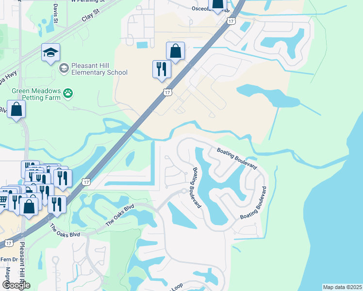 map of restaurants, bars, coffee shops, grocery stores, and more near 2849 Boating Boulevard in Kissimmee