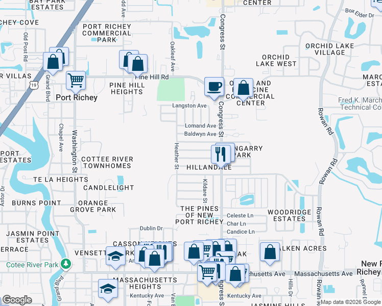 map of restaurants, bars, coffee shops, grocery stores, and more near 6324 Aberdeen Ave in New Port Richey