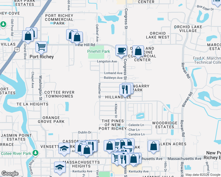 map of restaurants, bars, coffee shops, grocery stores, and more near 6324 Aberdeen Avenue in New Port Richey