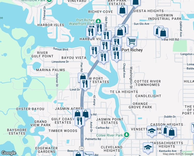 map of restaurants, bars, coffee shops, grocery stores, and more near 5412 Cotee River Drive in Port Richey