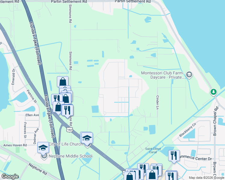 map of restaurants, bars, coffee shops, grocery stores, and more near 2907 Sharp Road in Kissimmee
