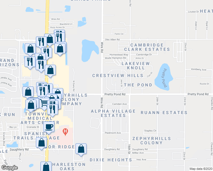 map of restaurants, bars, coffee shops, grocery stores, and more near 7549 Merchantville Circle in Zephyrhills
