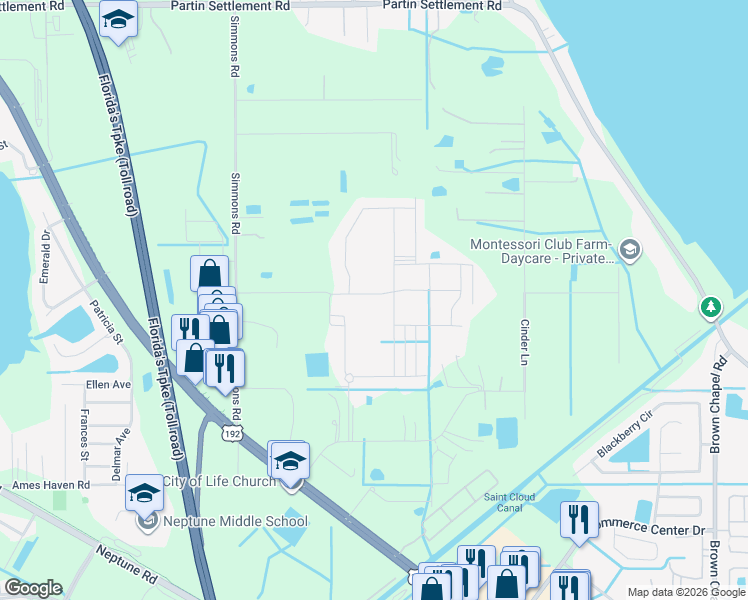 map of restaurants, bars, coffee shops, grocery stores, and more near 2907 Sharp Road in Kissimmee