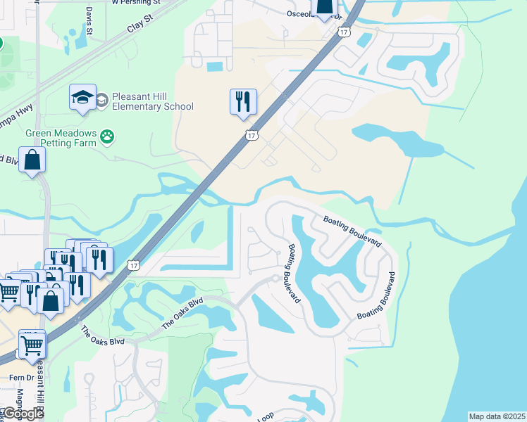 map of restaurants, bars, coffee shops, grocery stores, and more near 2846 Boating Boulevard in Kissimmee