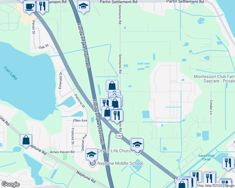map of restaurants, bars, coffee shops, grocery stores, and more near 1424 Simmons Road in Kissimmee