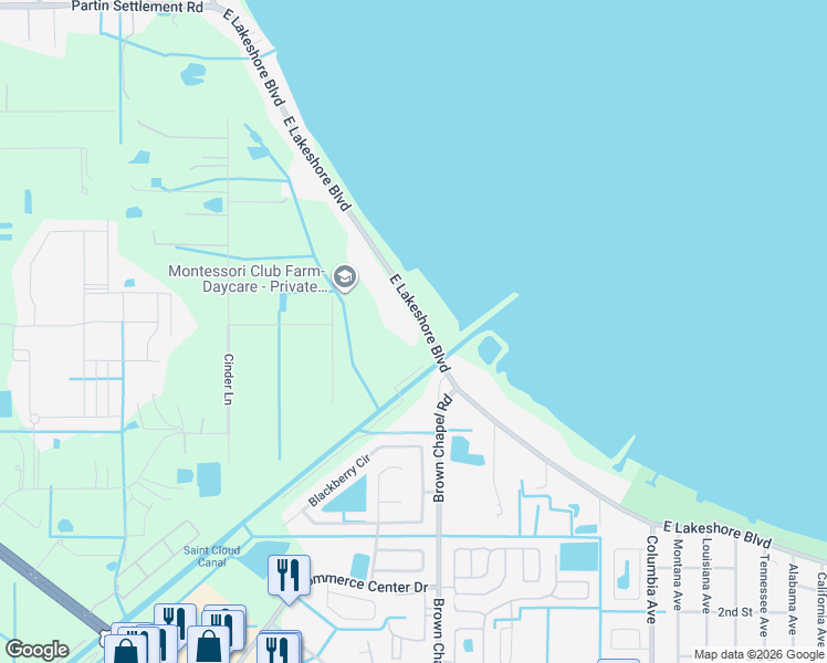 map of restaurants, bars, coffee shops, grocery stores, and more near 1386 East Lakeshore Boulevard in Kissimmee