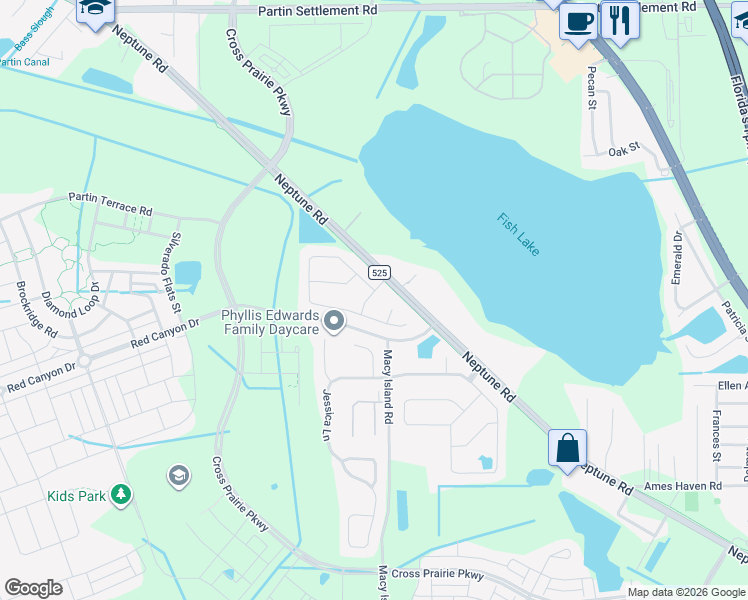 map of restaurants, bars, coffee shops, grocery stores, and more near 1412 Slim Court in Kissimmee