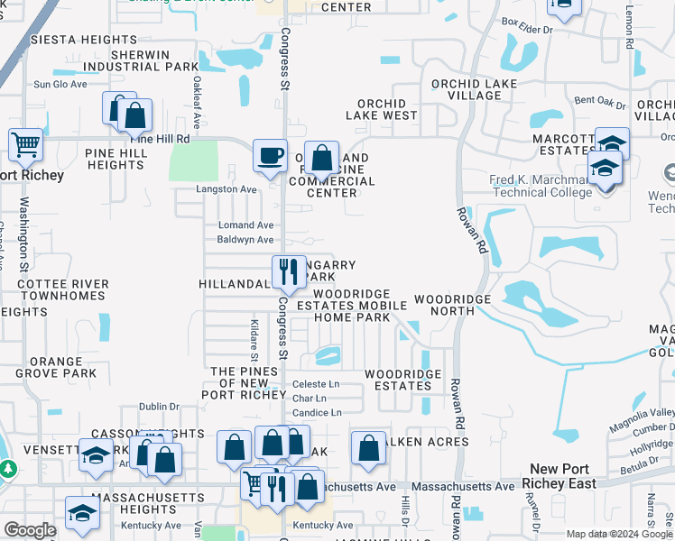 map of restaurants, bars, coffee shops, grocery stores, and more near 7606 Kerry Street in New Port Richey