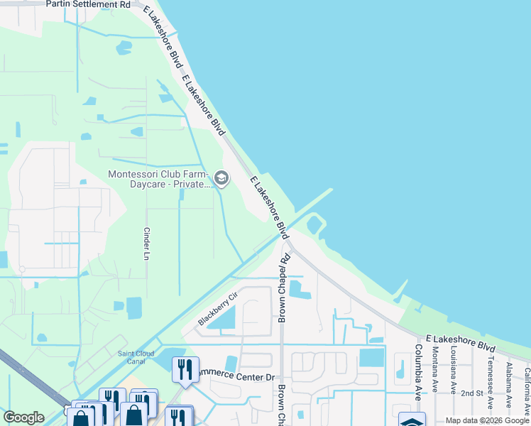 map of restaurants, bars, coffee shops, grocery stores, and more near 1386 East Lakeshore Boulevard in Kissimmee