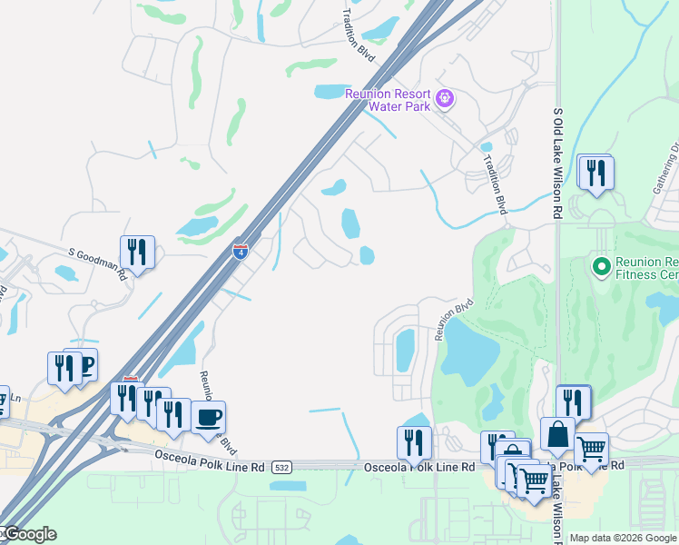 map of restaurants, bars, coffee shops, grocery stores, and more near 8011 Osceola Polk Line Road in Davenport